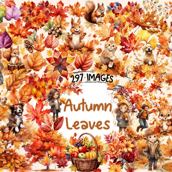 Autumn Leaves Watercolor Clipart Bundle - 297 PNG Fall Leaf Images, Seasonal Foliage Graphics, Instant Digital Download, Commercial Use