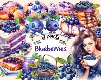 Watercolor Blueberry Clipart Bundle: 87 PNG Images (Digital Download)