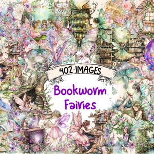 Bookworm Fairies Watercolor Clipart Bundle - 402 PNG Reading Fairy Images, Enchanted Book Graphics, Instant Digital Download, Commercial Use