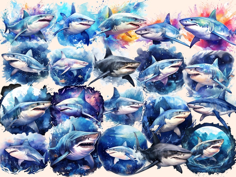 Shark Watercolor Clipart Bundle: 151 PNG Images (Commercial Use) (Digital Download) bild 3