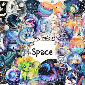 Space Watercolor Clipart Bundle - 743 PNG Cosmic Galaxy Images, Astronomical Cosmos Graphics, Instant Digital Download, Commercial Use