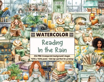 Watercolor Reading in the Rain Clipart: Cozy Autumn Graphics (Digital Download, Commercial Use)