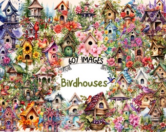 Watercolor Birdhouse Clipart Bundle: 607 PNG Images (Digital Download)