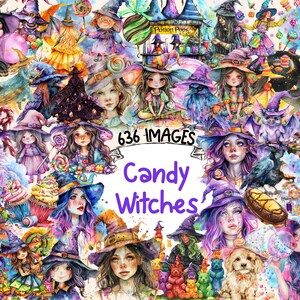 May include: A digital collage of watercolour illustrations featuring witches, candy, and other Halloween-themed imagery. The text "636 IMAGES Candy Witches" is displayed in the centre of the image.