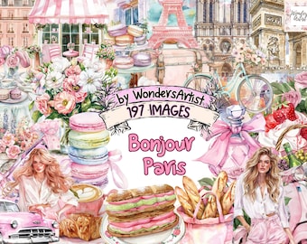Bonjour Paris Watercolor Clipart Bundle: French-Themed PNG Graphics (Digital Download)