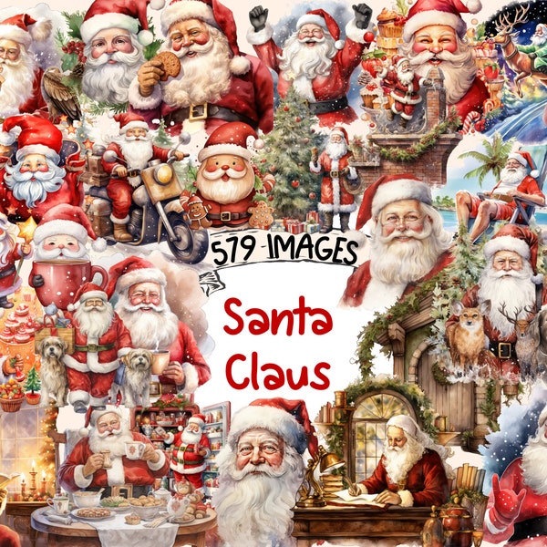 Santa Claus Aquarelle Clipart Bundle - 579 PNG Images du Père Noël, Graphiques festifs, Jolly Saint Nick, Téléchargement numérique instantané, Utilisation commerciale