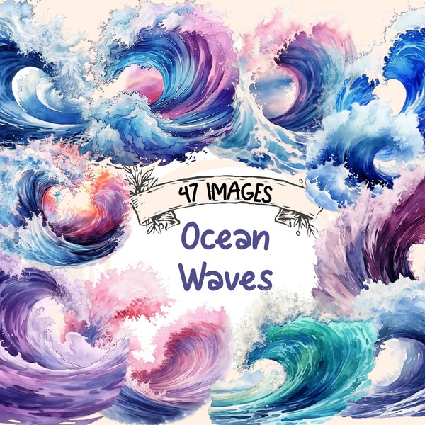 Ocean Waves Watercolor Clipart Bundle - 47 PNG Sea Wave Images, Beautiful Underwater Graphics, PNG, Instant Digital Download, Commercial Use