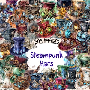 Steampunk Hats Watercolor Clipart Bundle - 504 PNG Vintage Headgear Images, Retro Millinery Graphics,Instant Digital Download,Commercial Use