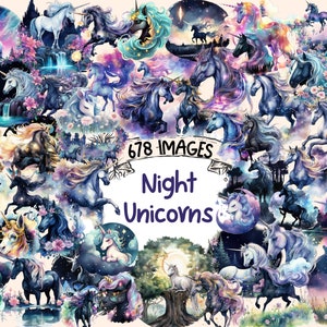 Night Unicorns Watercolor Clipart Bundle: 678 PNG Images (Digital Download)