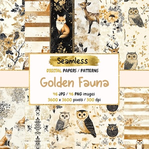 Golden Fauna Seamless Digital Paper - Elegant Wildlife Textures, Luxe Nature Printable Backgrounds,Scrapbook,Instant Download,Commercial Use