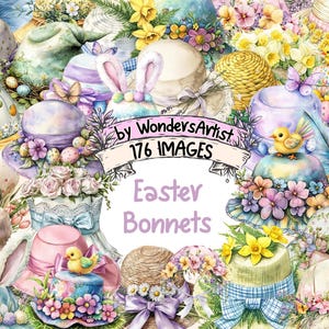 May include: A collection of 176 watercolor illustrations of Easter bonnets decorated with flowers, eggs, and birds. The bonnets are in various colors and styles, including straw hats, fabric hats, and bonnets with ribbons and bows. The text "Easter Bonnets" is written in a purple banner.