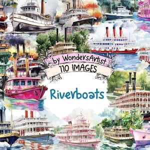 Riverboats Watercolor Clipart Bundle - 110 PNG Boat Images, Nautical Illustrations, Serene Waterway Decor, Instant Download, Commercial Use