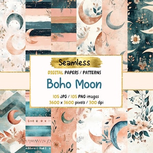 Boho Moon Digital Paper: Seamless Celestial Patterns (Commercial Use)