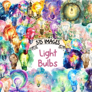 Bundle de cliparts aquarelle ampoules - 515 images d'ampoules PNG lumineuses, éclairage lumineux graphique, téléchargement numérique instantané, usage Commercial