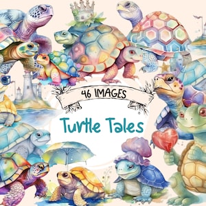 Bundle de cliparts aquarelle de contes de tortues - 47 tortues de mer, autocollants mignons animaux sous-marins de l'océan, PNG, téléchargement numérique instantané, usage commercial