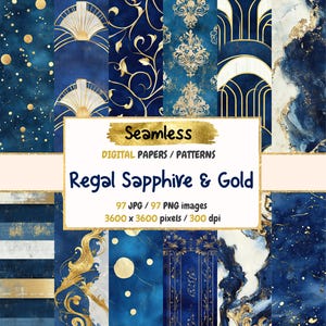 Regal Sapphire & Gold Seamless Digital Paper - Elegant Textures, Royal Backgrounds, Printable Scrapbook, Instant Download, Commercial Use