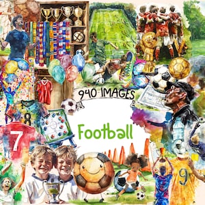 Football Watercolor Clipart Bundle - 940 PNG Soccer Ball Images, Sports Players Equipment Graphics, Instant Digital Download, Commercial Use