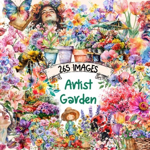 Artist Garden Watercolor Clipart Bundle - 265 PNG Creative Garden Scenes Images, Floral Graphics, Instant Digital Download, Commercial Use