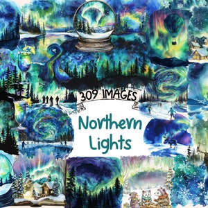 Northern Lights Watercolor Clipart Bundle - 309 PNG Aurora Borealis Images, Celestial Sky Graphics, Instant Digital Download, Commercial Use