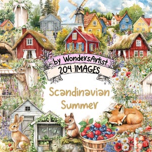 Scandinavian Summer Watercolor Clipart - 204 PNG Nordic Floral Graphics, Midsommar Illustrations, Instant Digital Download, Commercial Use