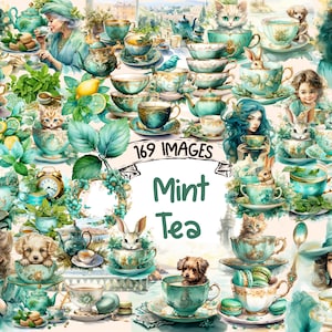 Mint Tea Watercolor Clipart Bundle - 169 PNG Cute Vintage Teacup Images, Herbal Tea Time Graphics, Instant Digital Download, Commercial Use
