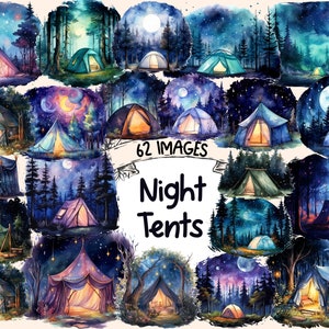 Night Tents Watercolor Clipart Bundle - 62 PNG Starlit Campsite Images, Cozy Camping Graphics, Instant Digital Download, Commercial Use