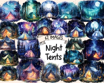 Night Tent Watercolor Clipart Bundle: 62 Starlit Camping PNG Images (Digital Download)