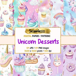 Unicorn Desserts Seamless Digital Paper - Whimsical Sweet Treats Textures, Magical Pastel Backgrounds, Instant Download, Commercial Use