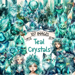 Teal Crystals Watercolor Clipart Bundle - 107 PNG Crystal Images, Serene Tranquil Turquoise Graphics,Instant Digital Download Commercial Use