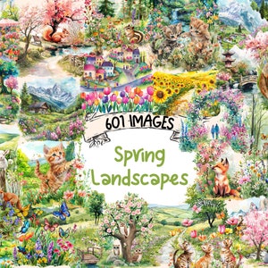 Spring Landscapes Watercolor Clipart Bundle - 601 PNG Nature Scenery Images, Picturesque Graphics, Instant Digital Download, Commercial Use