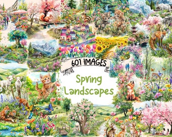Spring Landscapes Watercolor Clipart Bundle - 601 PNG Nature Scenery Images, Picturesque Graphics, Instant Digital Download, Commercial Use