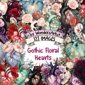 Gothic Floral Hearts Watercolor Clipart Bundle - 122 PNG Romantic Heart Images, Dark Floral Illustrations, Instant Download, Commercial Use