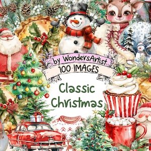 Classic Christmas Watercolor Clipart Bundle - 100 PNG Traditional Holiday Images, Timeless Graphics, Instant Digital Download,Commercial Use