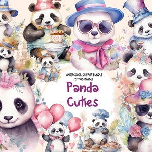 Pandas fofinhos em aquarela - Adesivos fofos de animais, Bebês pandas adoráveis, Pacote de decoração para cartões, Download digital, Uso comercial, PNG