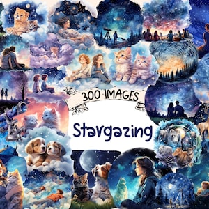Stargazing Watercolor Clipart Bundle - 300 PNG Celestial Sky Images, Nighttime Observatory Graphics, Instant Digital Download,Commercial Use