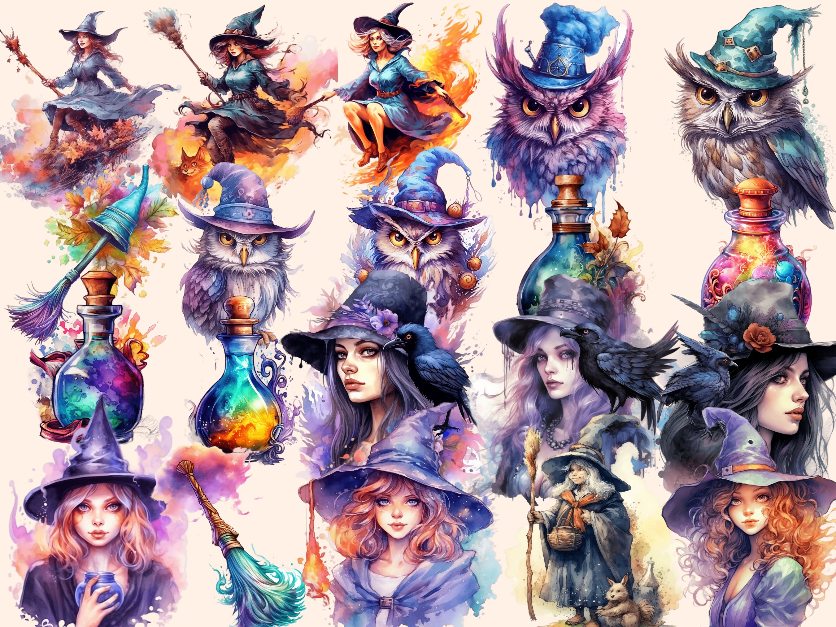 Watercolor Witches Clipart Bundle: 169 Fantasy Witch Images (PNG ...