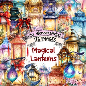 Watercolor Magical Lanterns Clipart Bundle: Fantasy Illustrations (173 PNG Images) (Commercial Use) (Instant Download)