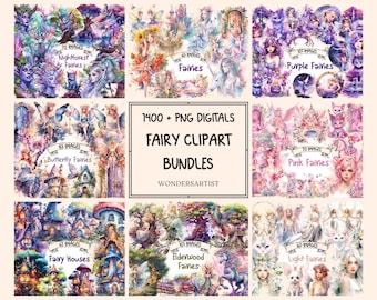 Fée Clipart aquarelle Bundles - 1400 + PNG graphiques de conte de fées, Fantasy Bundle, fées magiques, téléchargement numérique instantané, usage Commercial