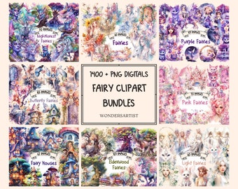 Fée Clipart aquarelle Bundles - 1400 + PNG graphiques de conte de fées, Fantasy Bundle, fées magiques, téléchargement numérique instantané, usage Commercial