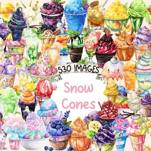 Snow Cones Watercolor Clipart Bundle - 530 PNG Chilled Snow Cone Images, Tasty Icy Treat Graphics, Instant Digital Download, Commercial Use