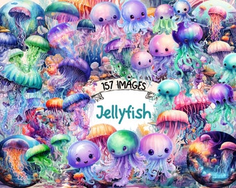 Jellyfish Watercolor Clipart Bundle: 157 PNG Nautical Images (Digital Download)
