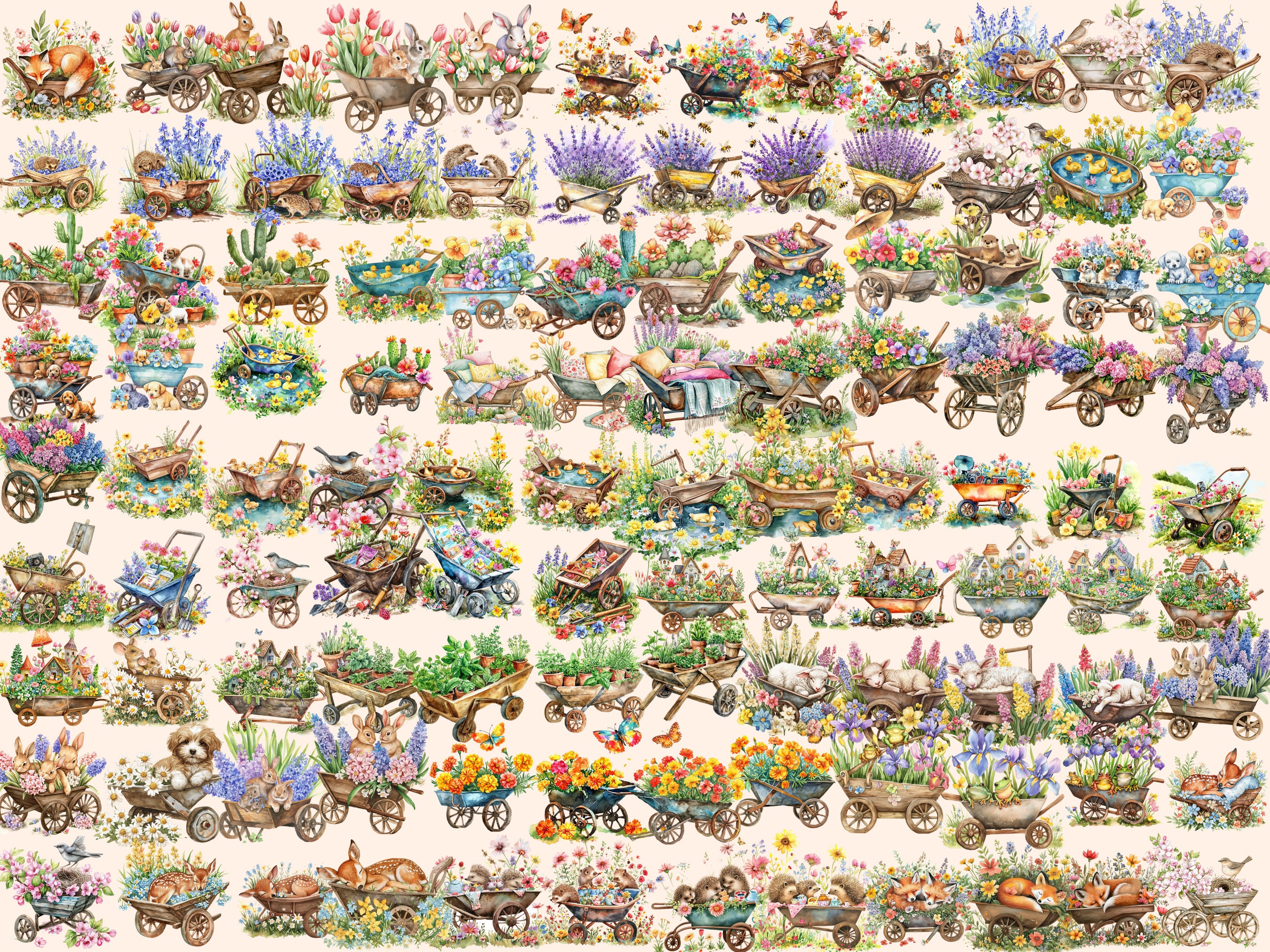 Spring Wheelbarrows Spring Wheelbarrows Clipart Bundle: Whimsical Gardening PNG Images ...