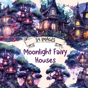 Moonlight Fairy Houses Watercolor Clipart Bundle - 34 Magical Fantasy Fairytale Illustrations, PNG, Instant Digital Download, Commercial Use