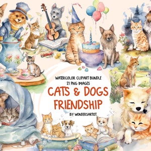 Clipart acquerello di gatti e cani, raccolta di colori pastello per l'amicizia tra gattini e cuccioli, amici animali, PNG, download digitale