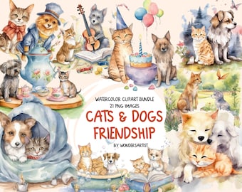May include: Watercolor clipart bundle of 21 PNG images featuring cats and dogs in various scenes. The images depict cats and dogs playing, eating, reading, and celebrating a birthday. The images are in a watercolor style and are perfect for use in digital scrapbooking, card making, and other creative projects.  "Cats & Dogs Friendship" by WonderArtist.
