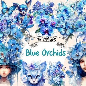 Blue Orchids Watercolor Clipart Bundle: 76 PNG Floral Images (Digital Download)