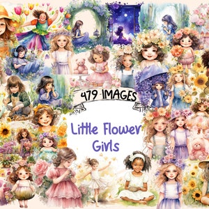 Little Flower Girls Watercolor Clipart Bundle - 479 PNG Young Floral Girl Images, Adorable Graphics, Instant Digital Download,Commercial Use