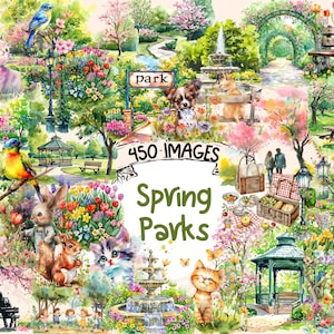 Spring Parks Watercolor Clipart Bundle - 450 PNG Springtime Park Scenes Images, Green Space Graphics,Instant Digital Download,Commercial Use