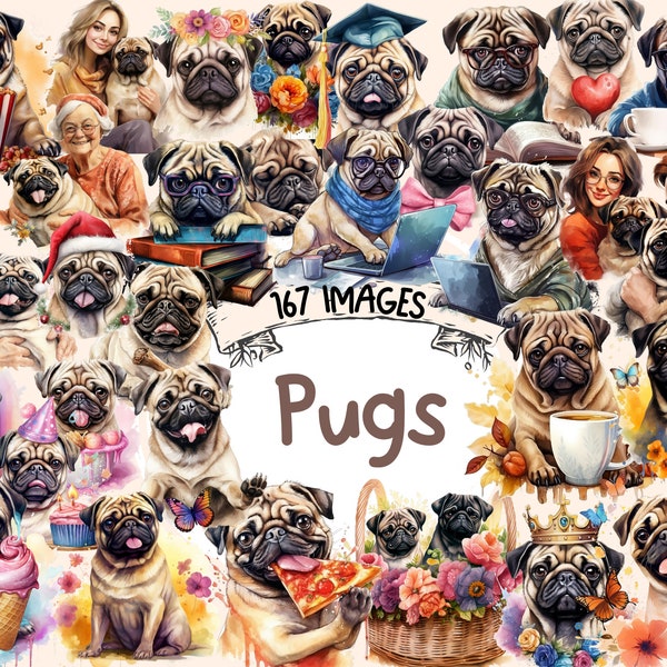 Pugs Watercolor Clipart Bundle - 167 PNG Adorable Pug Images, Cute Dog Graphics,Pug Puppy Printables,Instant Digital Download,Commercial Use