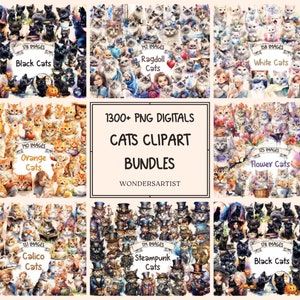 Cats Clipart Watercolor Bundles - 1300+ PNG Kitten Graphics,Whimsical Kitty Bundle,Enchanting Feline,Instant Digital Download,Commercial Use